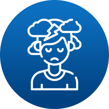 A blue icon denoting a woman under rainclouds